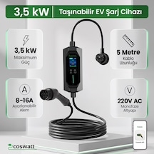 16A 3.5Kw Monofaze Schuko Fiş Taşınabilir Elektrikli Araç Şarj Cihazı 5 M Türkçe
