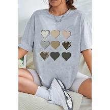 Unisex Kalp Baskılı T-shirt Gri