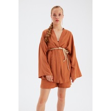 Sateen Kuşak Detaylı Salaş Kimono- Taba