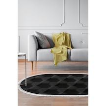 Kaymaz Dijital Mutfak & Salon Halı Trend Saçaklı Oval Geometrik E5016 Siyah