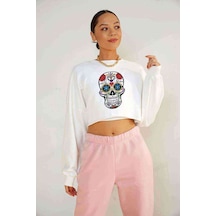 Watercolor Tattooed Sku Baskılı Crop Kadın Beyaz Sweatshirt (534802500)