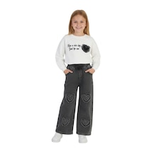 Erdem Kıds Kız Çocuk Bayramlık Günlük - Casual Geniş-bol Paça Palazzo Kot Pantolon-sweatshirt İkili Takım Beyaz - Siyah Beyaz - Siyah