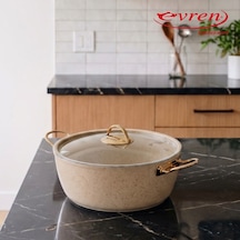 18 Cm Cream Ezme Seri Granit Derin Tencere, Non-stick Derin Tencere 1,6 Lt Gold Çelik Kulp 20 Cm