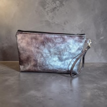 Nova Design0 Hakiki Deri Gri Clutch Çanta Lame