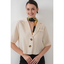 0706 Crop Keten Ceket - M. Krem Krem