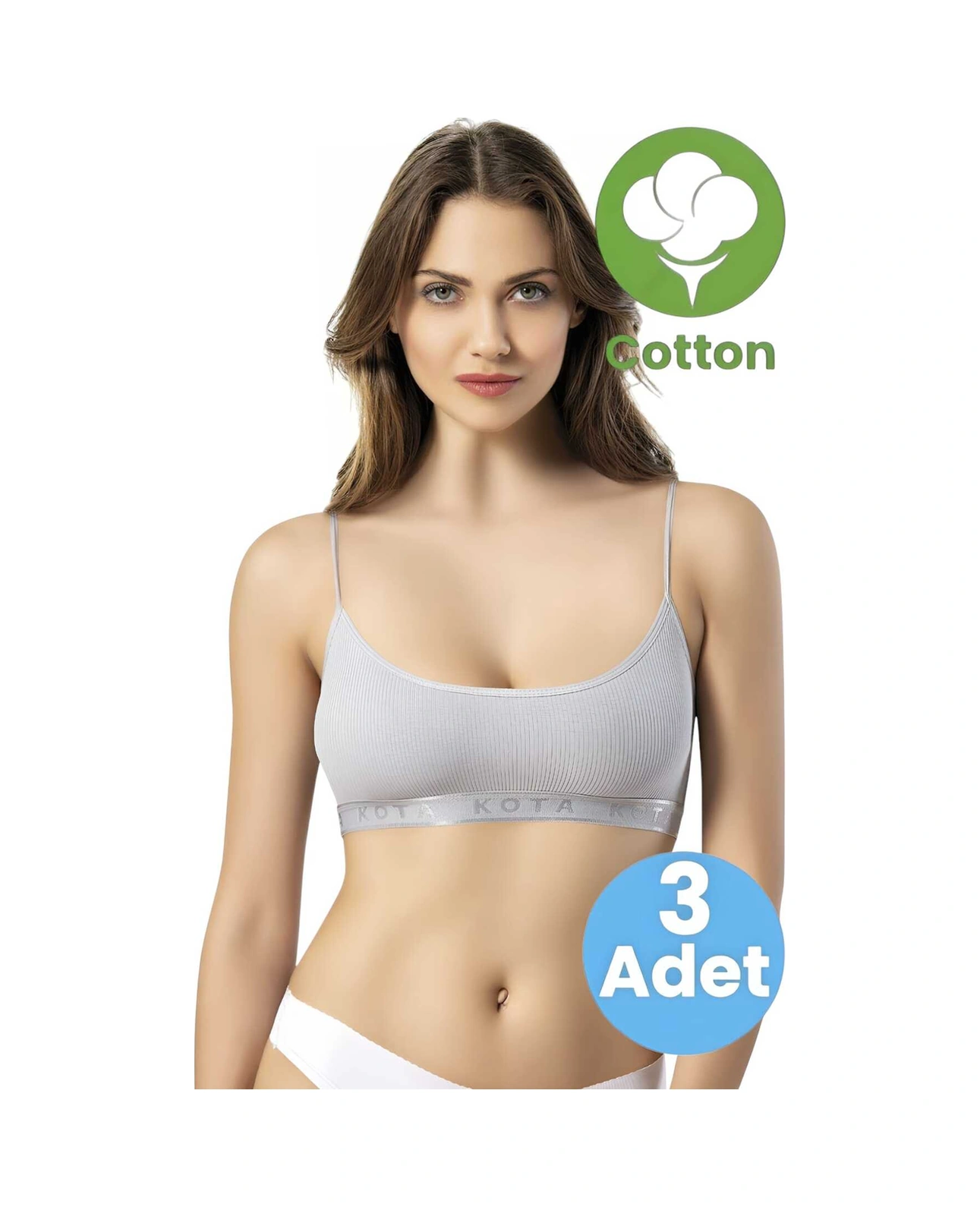 Tezzgelsin Kadın 3'lü İp Askılı Penye Kaşkorse Kumaş Pedli Crop Büstiyer Sütyen Gri