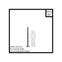 Dübel-vida Seti, Beyaz Dübel 8 Mm, 4,0x45 Yhb Sunta Vidası, 10 Adet