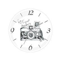 Fotoğraf Makinesi Çap 30cm Sessiz Akar Bombeli Gerçek Cam Duvar Saati Ahşap