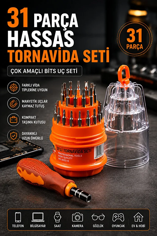 Tornavida Seti 31 Parça Hassas Bits Uç Elektronik Tamir Seti