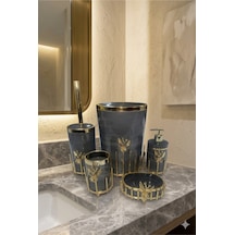 Makri Home Gold Kaplama Metal Stantlı 5 Parça Mermer Desenli Ve Düz Renk Seçenekli Banyo Aksesuar Takımı Gri