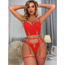 Angbutik Kadın Kırmızı Dantelli Jartiyer Büstiyer Takımı