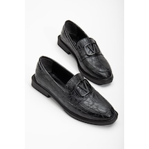 Krokodil Baskılı Cilt Tokalı Siyah Kadın Günlük Ayakkabı-2732-siyah