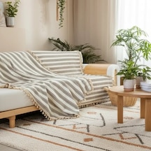 Premium Keten Kahverengi Çizgili Bej Ponponlu Koltuk Örtüsü 170 X 220 Kahverengi - Bej