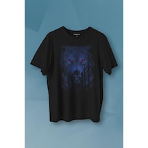 Gece Vahşi Ormada Bozkurt Bordo Maviz Gözlü Kurt Wolf Baskılı Tişört Unisex T-shirt 001