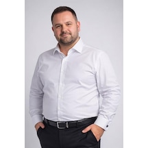 Beyaz Ekstra Büyük Yaka 4 Drop Rahat Kesim Micro Kumaş Kol Düğmeli Regular Fit Erkek Gömlek // 189-1