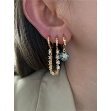 Pinery Jewels Yeşil Taşlı Taşlı Sallantılı 3'lü Altın Kaplama Kadın Küpe Seti Altın
