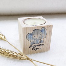 Ahşap Mumluk Erkek Bebek Şekeri Fil UV Baskılı Kalp Dese(30 Adet)