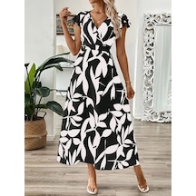 Kadın Kısa Kelebek Kollu Kruvaze Yaka Desenli Süprem Elbise Siyah Kadın Kısa Kelebek Kollu Kruvaze Yaka Desenli Süprem Elbise Siyah