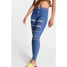 Yırtık Mavi Yüksek Bel Skinny Fit Jean Likralı Önü Cepsiz Tayt Pantolon Yırtık Mavi