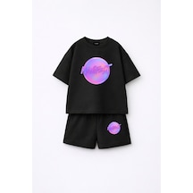 Fasardi Manifest Girls Logo Baskılı Oversize %100 Pamuk Tişört Şort 2li Çocuk Takım Siyah