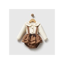 Ministok Mocha Bloom Yakası Nakış Detaylı Puantiyeli 2'li Kız Bebek Salope Kahverengi
