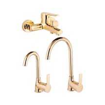 3 Lü Set Kaliteli Gold Renk Lüx Gövde Mutfak Eviye Lavabo Ve Banyo Musluğu Bataryası Sıcak Soğuk Altın