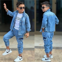 My Kids Wear Erkek Çocuk Bayramlık Kot Ceket & Pantolon Takımı 3 Lü 12482 Beyaz - Mavi
