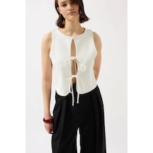 Defymoda Bağcık Detay Dekolte Bluz Beyaz