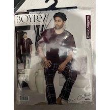 Gamzelirenklerim Boyraz Kısa Kollu - Alt Uzun Erkek Pijama Takımı Penye %100 Pamuk Ekoseli Bordo