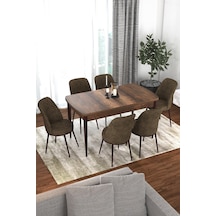Canisa Kor Serisi 70x114 Açılabilir Mutfak Masası Takımı Barok Desen Masa 6 Kahverengi Sandalye Masa Barok Sandalyeler Kahverengi