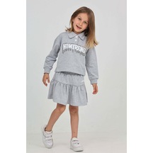 Toontoy Kids Toontoy Kız Çocuk 2'li Takım Baskılı Polo Yaka Düğmeli Düşük Omuz Sweatshirt & Kat Kat Büzgülü Etek Gri