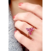 Pembe Baget Zirkon Taşlı 925Ayar Gümüş Rose Üçgen Yüzük 13