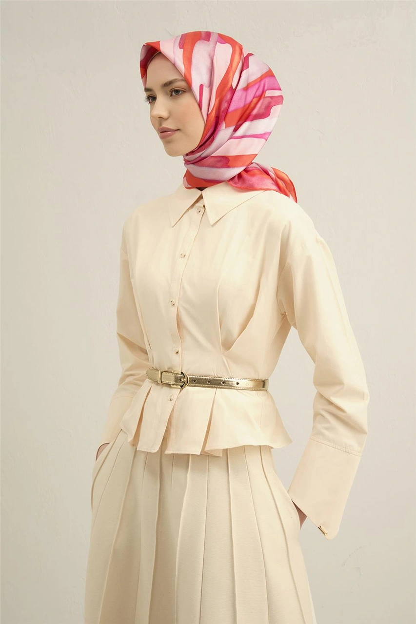 Armine Soyut Desenli Saf İpek Twill Eşarp 9306d 53 Pembe