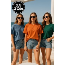 Kadın 3'lü Paket Mavi-yeşil-turuncu %100 Pamuk Oversize Basic Tişört Bisiklet Yaka Relaxed T-shirt Çok Renkli
