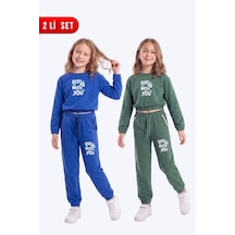 Panios Kids 2'li Kız Çocuk Bisiklet Yaka Kısa Kesim Baskılı Çift Cepli 4 Parça Eşofman Takımı Sax-haki