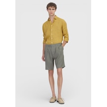 Ramsey Haki Düz Dokuma Carrot Fit Casual %100 Keten Bermuda