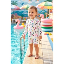 Uzun Kollu Kız Bebek Çocuk Tulum Yüzücü Mayo 26808 Krem