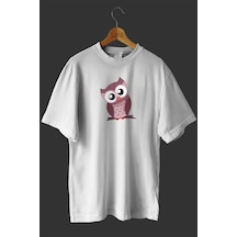 Noıssey -wed Dekoratif Baykuş Tasarım Baskılı Oversize T-shirt Tişört Beyaz
