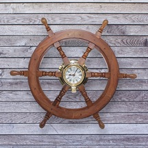 Authentic Pirinç Göbek Saatli Masif Ağaç Gemi Dümeni 60cm