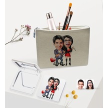 Bk Gift Kişiye Özel Sevgililer Karikatürlü Keten Makyaj Çantası Ve Ayna Seti, Sevgiliye Hediye, Sevgililer Günü Hediyesi, Doğum Günü Hediyesi-4