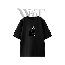 Thewert Tek Gozlu Kedi Tasarım Baskılı Ünisex Siyah Oversize T-shirt
