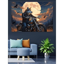 Ahşap Tablo Gece Yolunda Motosikletli Kurt Sürücü