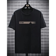 Ertaştrendstore Erkek Tişört Futre Baskılı Kısa Kol Bisiklet Yaka T-shirt - Siyah Çok Renk