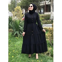 Hb Harma Time Butik Kadın Düğmeli Dantel Detaylı Beli Bağcıklı Ayrobin Siyah Elbise