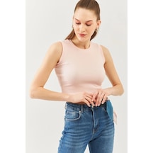 Butikgiz Kadın Sıfır Kol Bisiklet Yaka Vücuda Oturan %100 Pamuklu Kaşkorse Esnek Crop Bluz Pudra