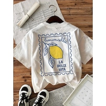 Limoncella "la Dolce Vita" Baskılı Oversize Pamuklu Kadın T-shirt Beyaz