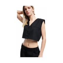 Koton Düğmeli V Yaka Kolsuz Crop Blazer Yelek Siyah 6wak20005pw Siyah