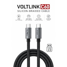 Voltlınk C60 Usb-c To Usb-c 60w Hızlı Şarj Ve 480 Mbps Veri Aktarım Silikon Örgülü Kablo 2 Metre Siyah