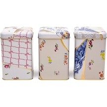 Kint Sugi Desenli Kare Metal Saklama Kabı 3 Lü Set, 10.5 X 10.5 X 16 Cm