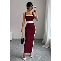 Veraura Lifestyle Kadın Askılı Geometrik Yakalı Şerit Detaylı Uzun Dalgıç Elbise Bordo